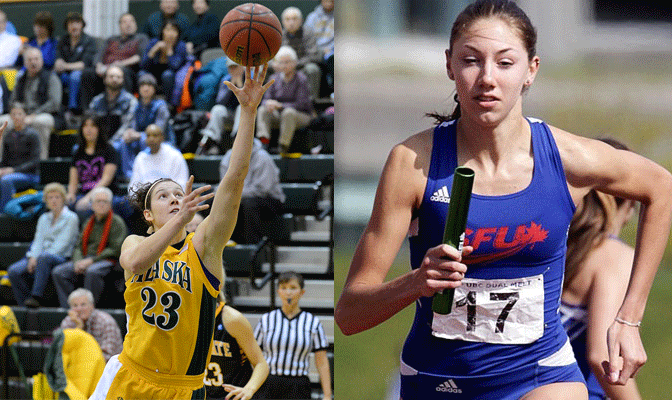 Alysa Horn of Alaska Anchorage (left) and Helen Crofts of Simon Fraser are candidates for the NCAA Woman of the Year award.